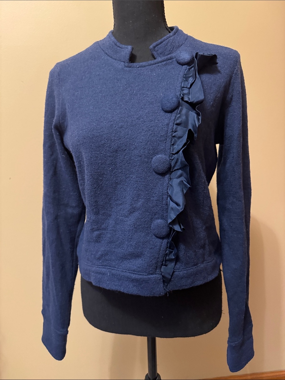sparrow Navy Ruffle Front Button Cardigan, 100% Wool